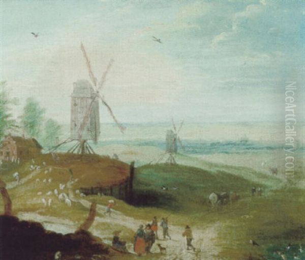 Flamische Landschaft Mit Windmuhlen Und Reisenden - view 1