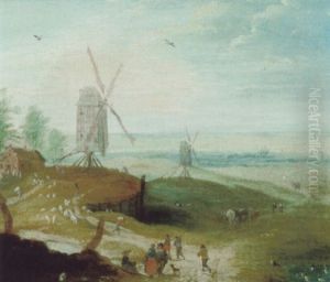 Flamische Landschaft Mit Windmuhlen Und Reisenden by Jan Brughel
