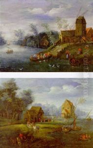 A River Landscape, With Peasants At A Landing Stage, A Windmill Nearby