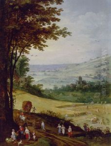 Peasants Harvesting, An Extensive Landscape With A Church Beyond by Jan Brughel