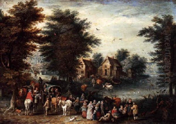 A Wooded Landscape With Villagers And Travellers - view 1