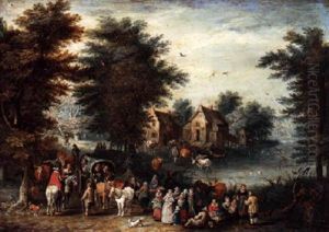 A Wooded Landscape With Villagers And Travellers by Jan Brughel