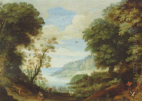 An Extensive Wooded Landscape With A Drover And Peasants On A Track - view 1