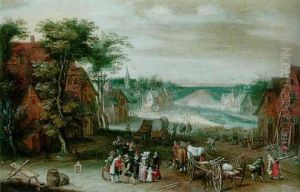 A Village By A River, With Peasants, Townsfolk And Wagons