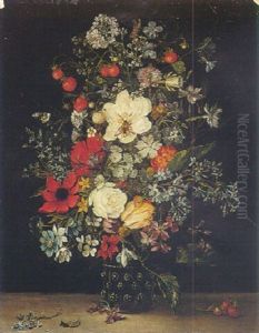 Still Life Of Flowers And Fraises De Bois In A Glass Vase Upon A Ledge by Jan Brughel