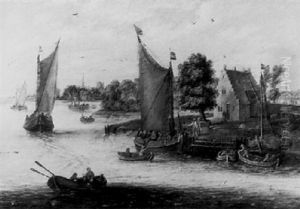 Passenger Boats And Fishing Boats Along The Bank Of A River by Jan Brughel