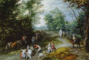 A Wooded Landscape With Travellers And An Upset Cart On A Wooded Track by Jan Brughel