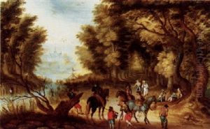 A Wooded Landscape With Figures Resting On A Path by Jan Brughel