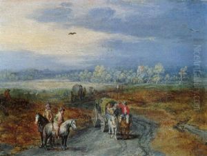 Travellers On A Country Road, A Village Beyond by Jan Brughel