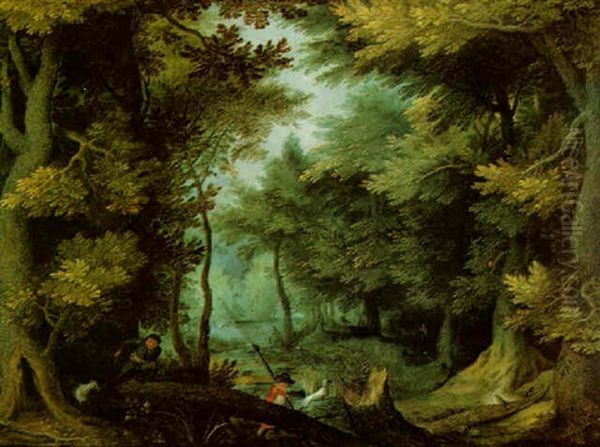 A Wooded Landscape With Huntsmen - view 1