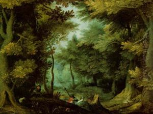 A Wooded Landscape With Huntsmen by Jan Brughel