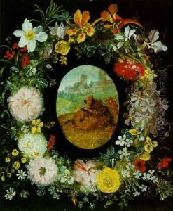 A Garland Of Flowers Surrounding The Temptation Of Saint Anthony by Jan Brughel