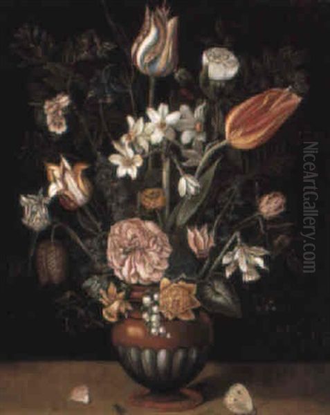 Tulips And Other Flowers In A Vase On A Ledge - view 1