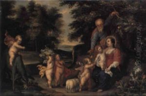 Landskab Med Den Hellige Familie Omgivet Af Putti by Jan Brughel