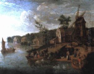 A River Landscape With A Ferry Arriving At A Village Near A Windmill