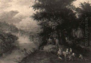 An Extensive River Landscape With A Hunting Party And Travellers On A Path by Jan Brughel