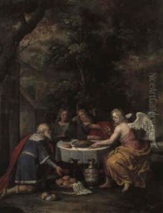 Kn+lende Konge Ved Et Bord Med Tre Engle by Jan Brughel