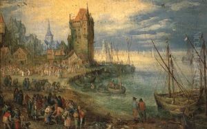 A View Of A Town By A River With Moored Sailing Vessels By A Quay by Jan Brughel