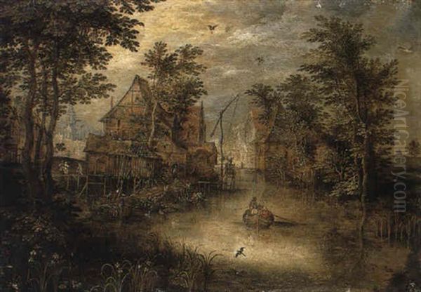 River At The Edge Of A Town With Men In A Rowing Boat - view 1