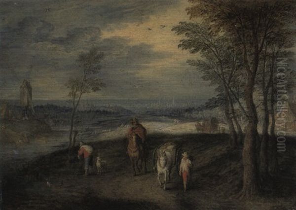Paysage De Riviere Avec Des Voyageurs Sur Un Chemin... - view 1
