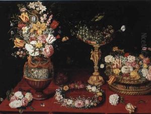 Still Life With Flowers In A Vase And A Basket Of Fruit On A Draped Ledge by Jan Brughel