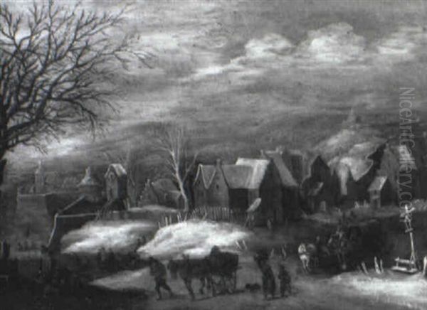 Winter Landscape With Walled Town, Windmill And Travellers - view 1