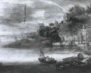 A Coastal Village With Figures And Horse On A Ferry