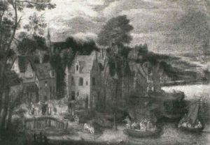 A River Landscape With Figures Gathered On The Quay Before  A Busy Town