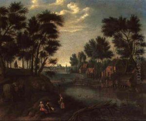 Paysage Boise Avec Des Paysans Au Bord D'une Riviere