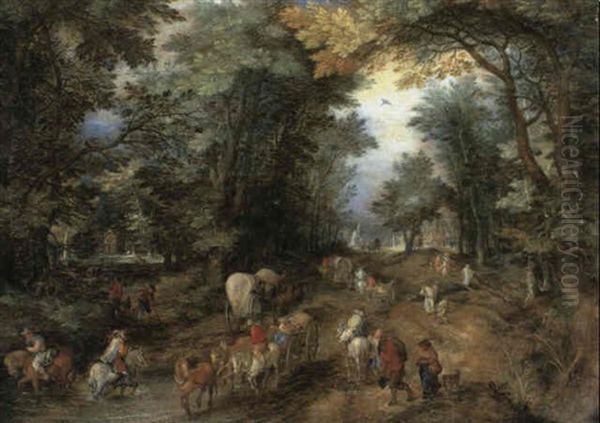 Travellers On A Wooded Path Before A Village - view 1