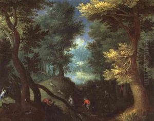 Waldlandschaft Mit Jagern Auf Der Hirschenjagd by Jan Brughel