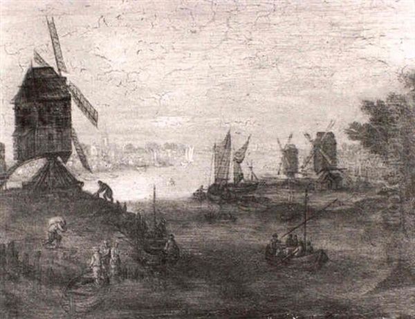 A River Landscape With Figures In Boats And A Windmill - view 1