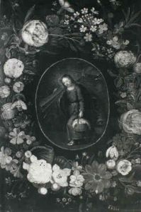 The Infant Christ Bearing The Instrument Of Passion Surrounded By A Garland by Jan Brughel