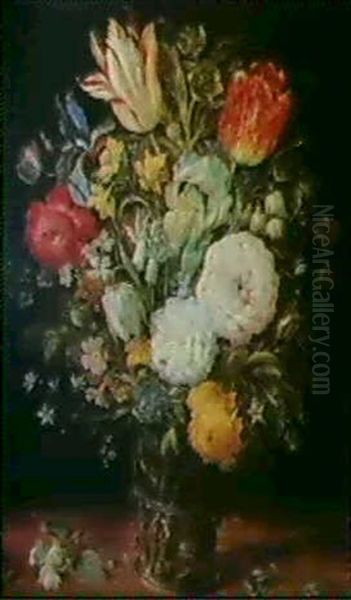A Still Life Of Assorted Flowers Including Irises, Roses, Narcissae, Snowdrops And Tulips, In A Glass Vase... - view 1