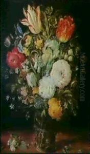A Still Life Of Assorted Flowers Including Irises, Roses, Narcissae, Snowdrops And Tulips, In A Glass Vase... by Jan Brughel