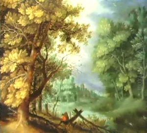 A Traveller And His Dog Resting On A Woodland Path Beside A River... (work On Copper) by Jan Brughel