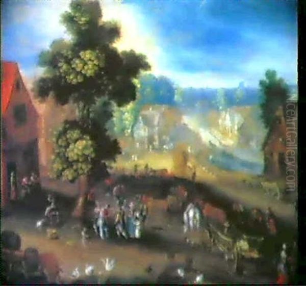 Dorstrasse Mit Pferdefuhrwerken Und Reicher Personen- Staffage - view 1