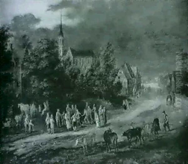 Dorfstrasse Mit Viehtreibenden Bauern                       Und Einer Frohlichen Gesellschaft - view 1
