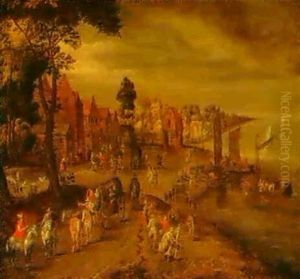 A Landscape With Travellers On The Outskirts Of A Riverside Village by Jan Brughel