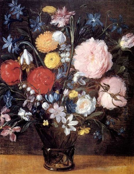 Flowers In A Glass On A Ledge - view 1