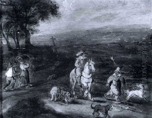 A Cavlier With A Peasant And Four Dogs In A Landscape - view 1