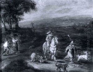 A Cavlier With A Peasant And Four Dogs In A Landscape by Jan Brughel