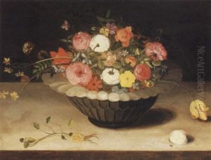 A Still Life Of Flowers In An Ornamental Bowl On A Ledge A Still Life Of Flowers In An Ornamental Bowl On A Ledge