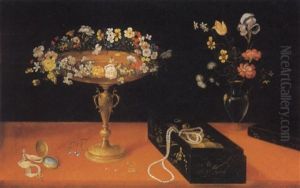 A Still Life Of Flowers In A Glass Vase, A Garland Of       Flowers On A Gilt Tazza And Jewels In A Lacquer Box by Jan Brughel
