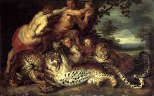 Nymph And Satyr In A Landscapewith Three Leopards by Jan Brughel
