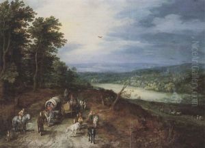 An Extensive Wooded Lanscape With Covered Wagons, A Cart,   Cattle And Other Traffic Alonga Country Road,