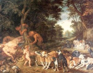 Sleeping Nymphs Watched By Satyrs With Hunting Dogs In A Wooded Landscape by Jan Brughel