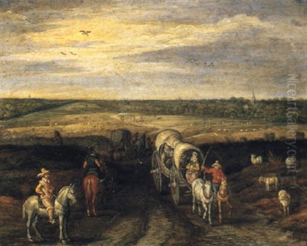 An Extensive Landscape With Waggons On An Open Road - view 1
