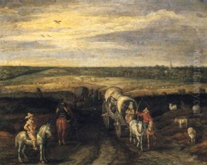 An Extensive Landscape With Waggons On An Open Road