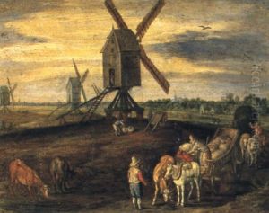 An Extensive Landscape With Boors Loading Corn By A Windmill by Jan Brughel
